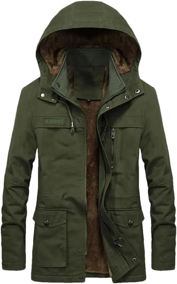 Mens Cargo Coat Thick Warm Jacket Man Parkas Casual Cotton Padded Jacket Multi-Pocket Hoodies
