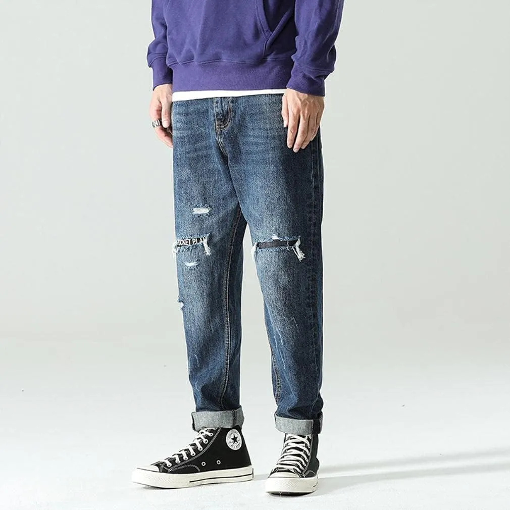 Mens Hardwearing Comfortable Trousers Ripped Jeans Harem Pants