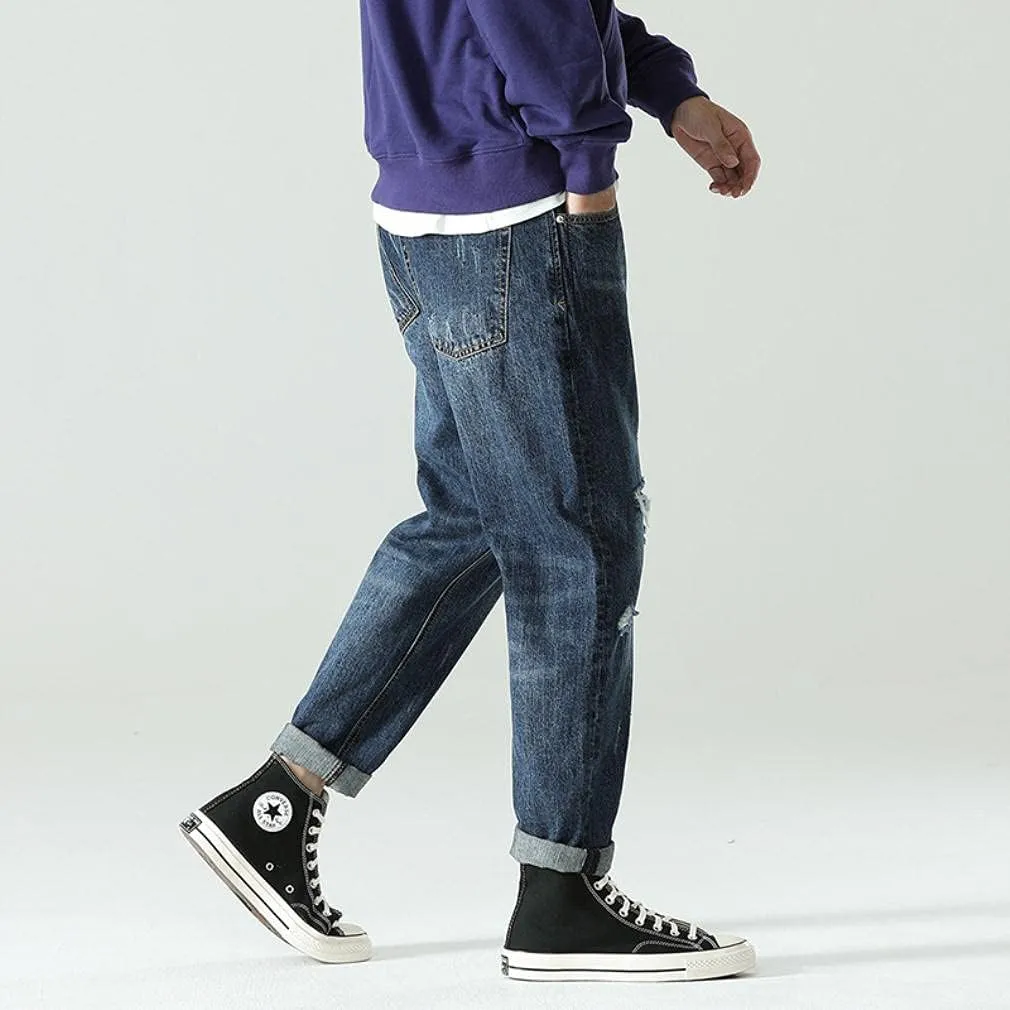 Mens Hardwearing Comfortable Trousers Ripped Jeans Harem Pants