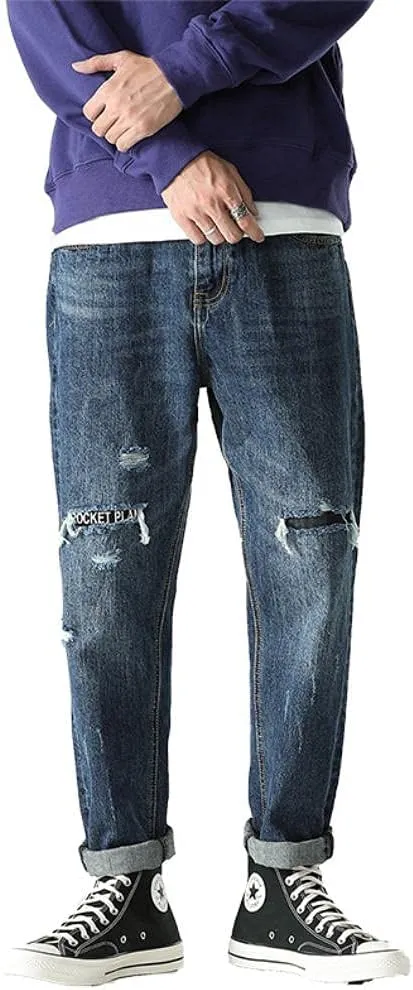Mens Hardwearing Comfortable Trousers Ripped Jeans Harem Pants