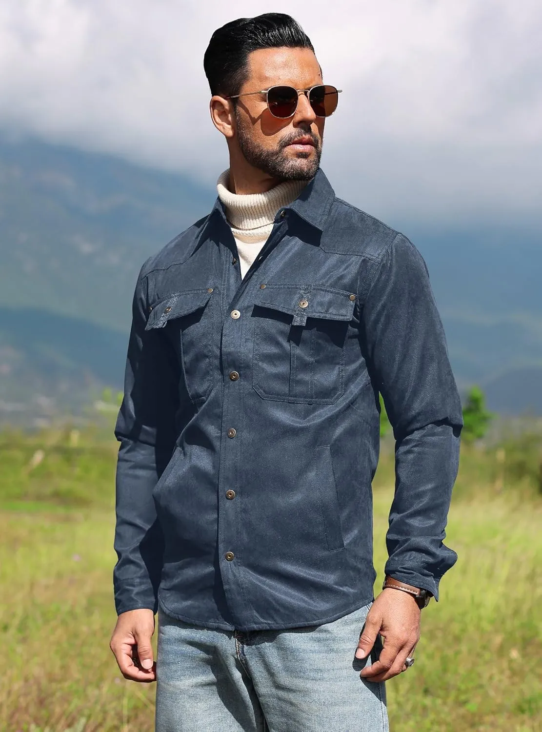 Men's Shirt Jacket Shacket with Flannel Lined Casual Snap Button Overshirt Western Cowboy Jackets Fall Clothing