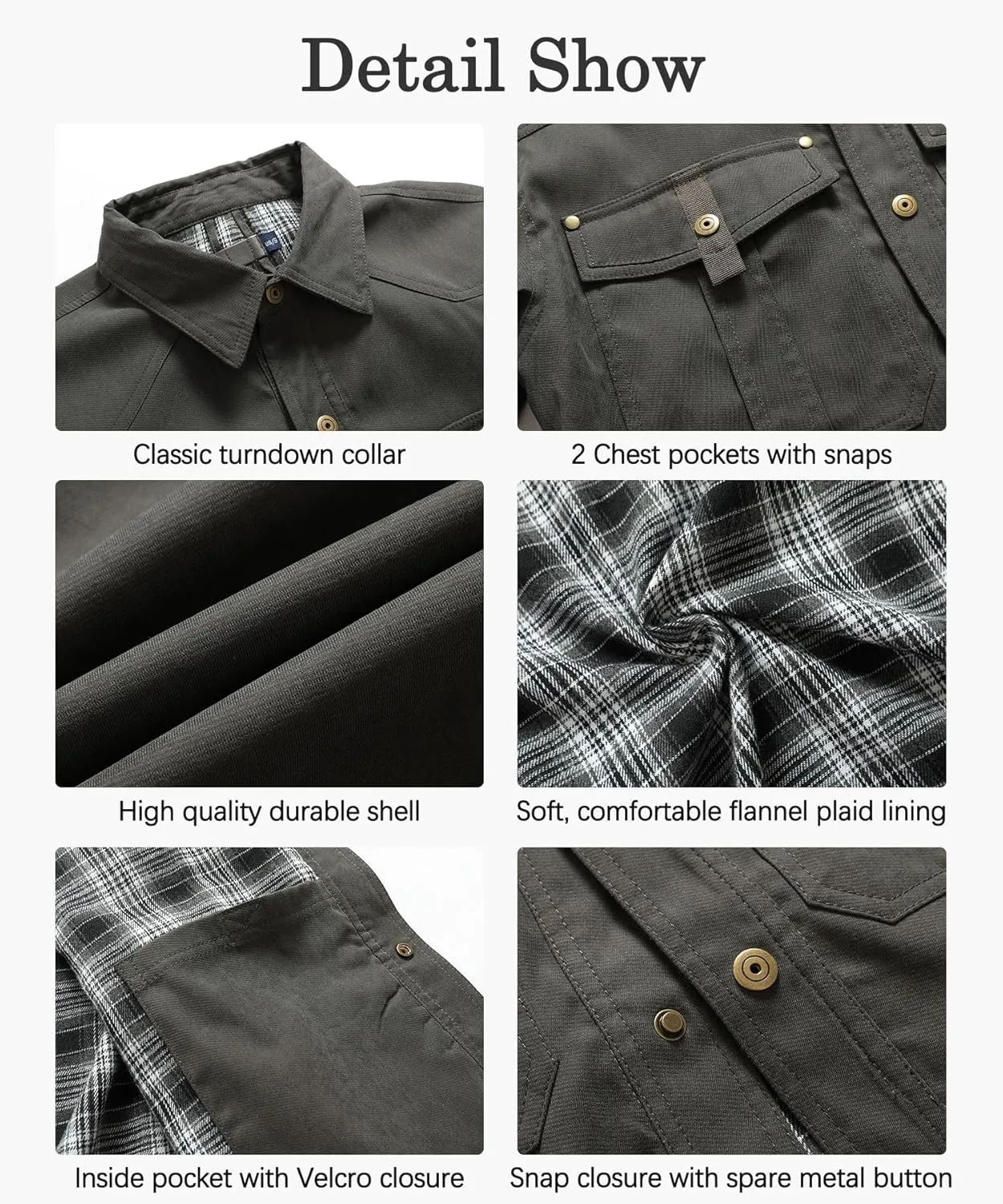 Men's Shirt Jacket Shacket with Flannel Lined Casual Snap Button Overshirt Western Cowboy Jackets Fall Clothing