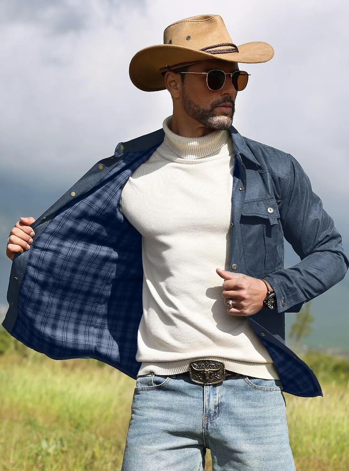 Men's Shirt Jacket Shacket with Flannel Lined Casual Snap Button Overshirt Western Cowboy Jackets Fall Clothing