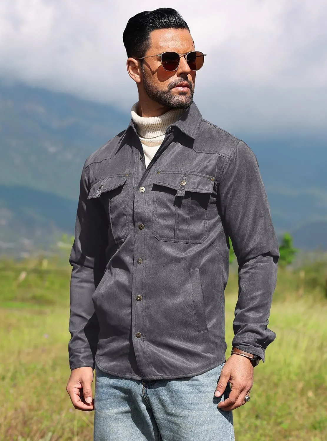 Men's Shirt Jacket Shacket with Flannel Lined Casual Snap Button Overshirt Western Cowboy Jackets Fall Clothing