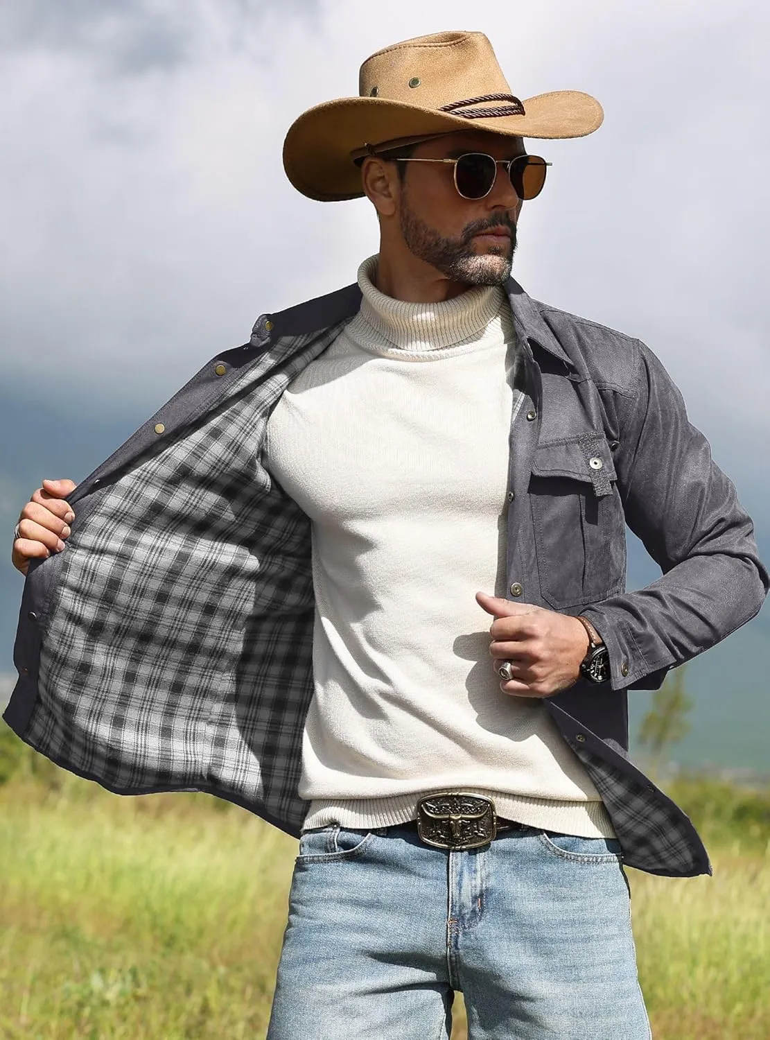 Men's Shirt Jacket Shacket with Flannel Lined Casual Snap Button Overshirt Western Cowboy Jackets Fall Clothing