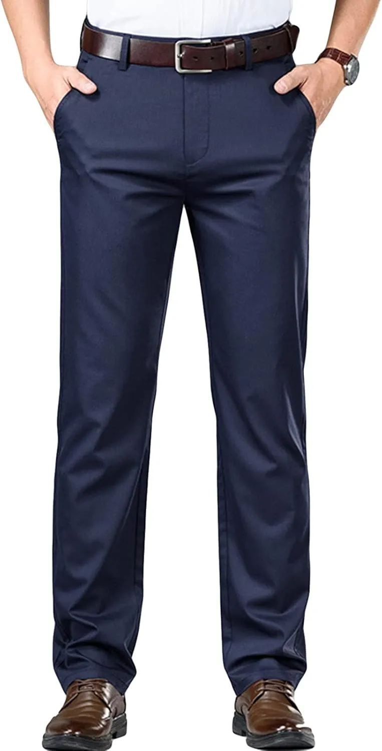 Men's Stretch Modern-Fit Flat-Front Pant Classic-Fit Resistant Pleated Chino Pant Slim Fit Business Dress Pant