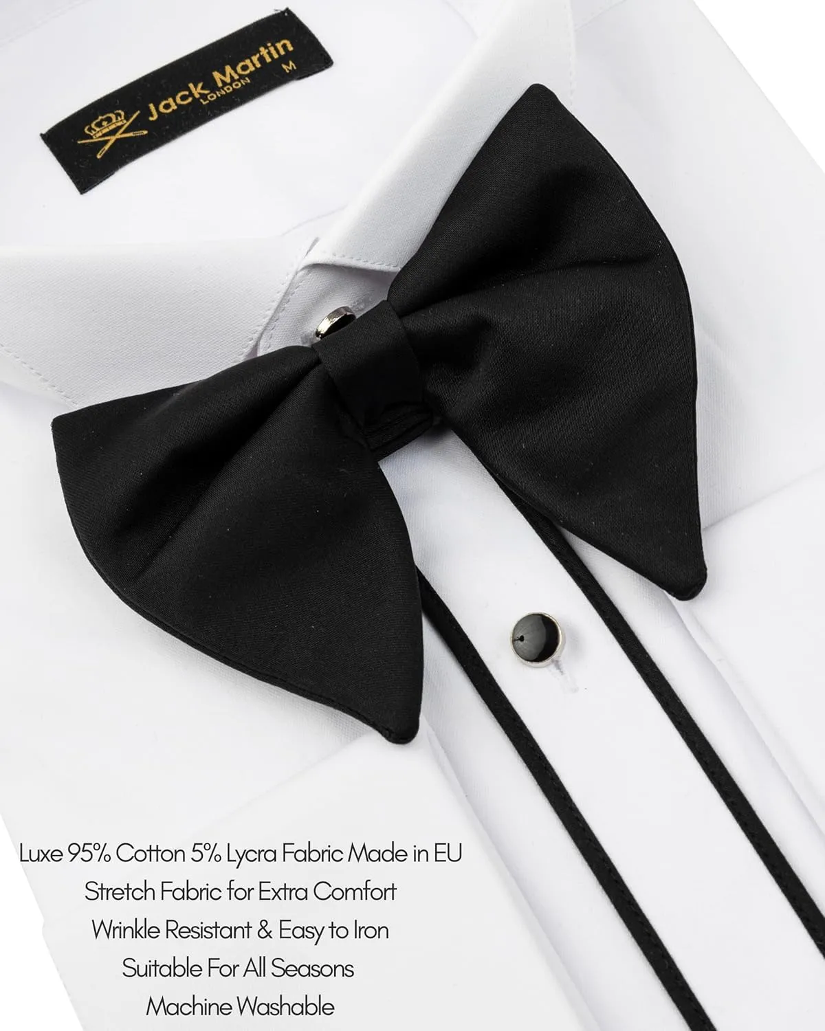 Men's White Wing Collar Tuxedo Shirt with French Cuffs | Set Incl. Cufflinks & Black Bow Tie | Luxe Dress Shirts for Men