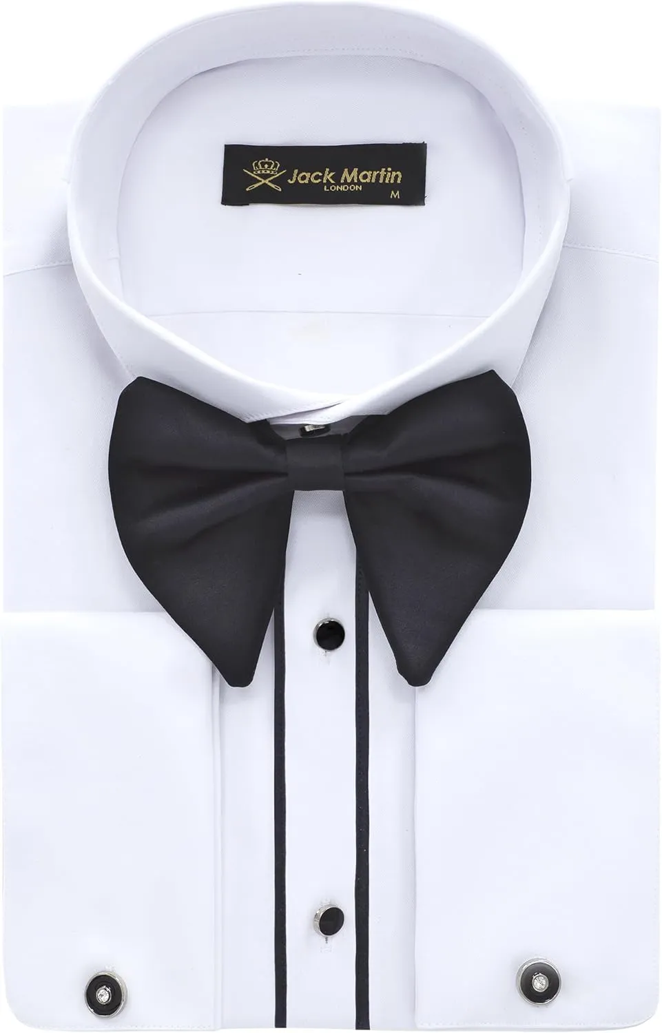 Men's White Wing Collar Tuxedo Shirt with French Cuffs | Set Incl. Cufflinks & Black Bow Tie | Luxe Dress Shirts for Men
