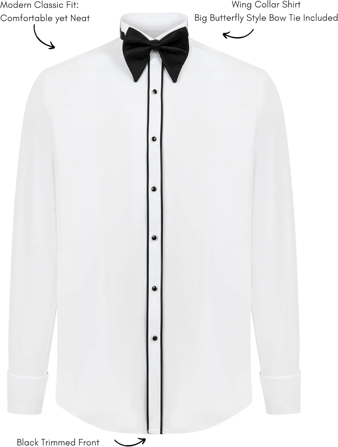 Men's White Wing Collar Tuxedo Shirt with French Cuffs | Set Incl. Cufflinks & Black Bow Tie | Luxe Dress Shirts for Men