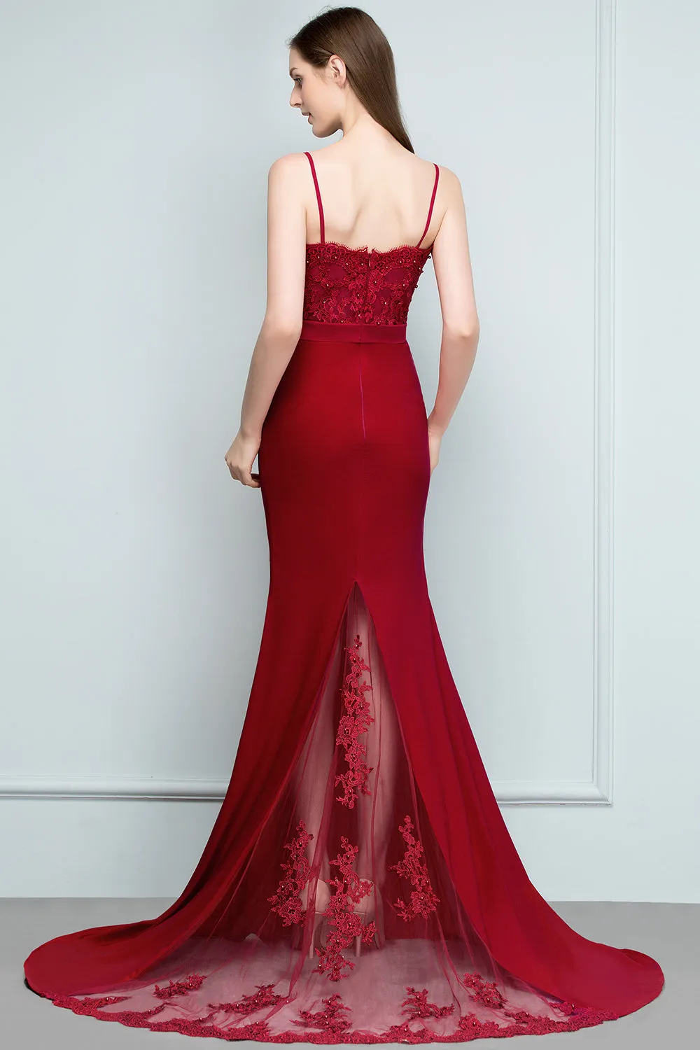 Mermaid Lace Spaghetti-Straps Sweetheart Sleeveless Long Bridesmaid Dresses with Beads
