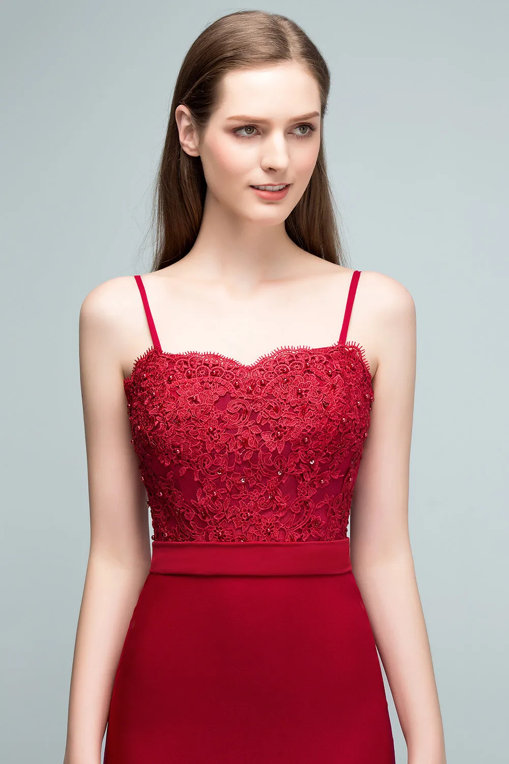 Mermaid Lace Spaghetti-Straps Sweetheart Sleeveless Long Bridesmaid Dresses with Beads