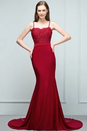 Mermaid Lace Spaghetti-Straps Sweetheart Sleeveless Long Bridesmaid Dresses with Beads