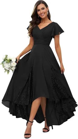 Mother of The Bride Dresses for Wedding Tea Length Lace Chiffon Flutter Sleeve Elegant Bridesmaid Dresses