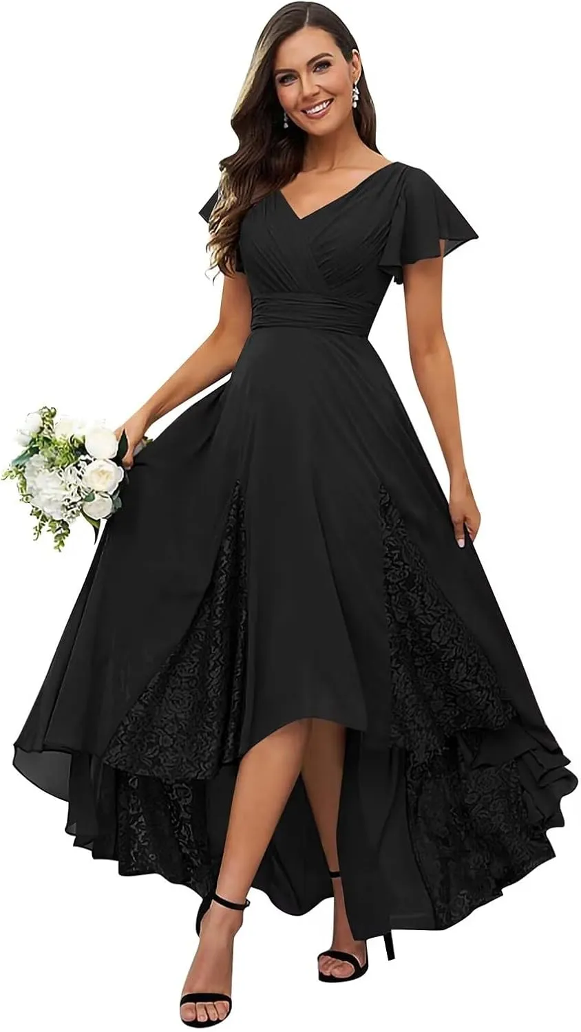 Mother of The Bride Dresses for Wedding Tea Length Lace Chiffon Flutter Sleeve Elegant Bridesmaid Dresses