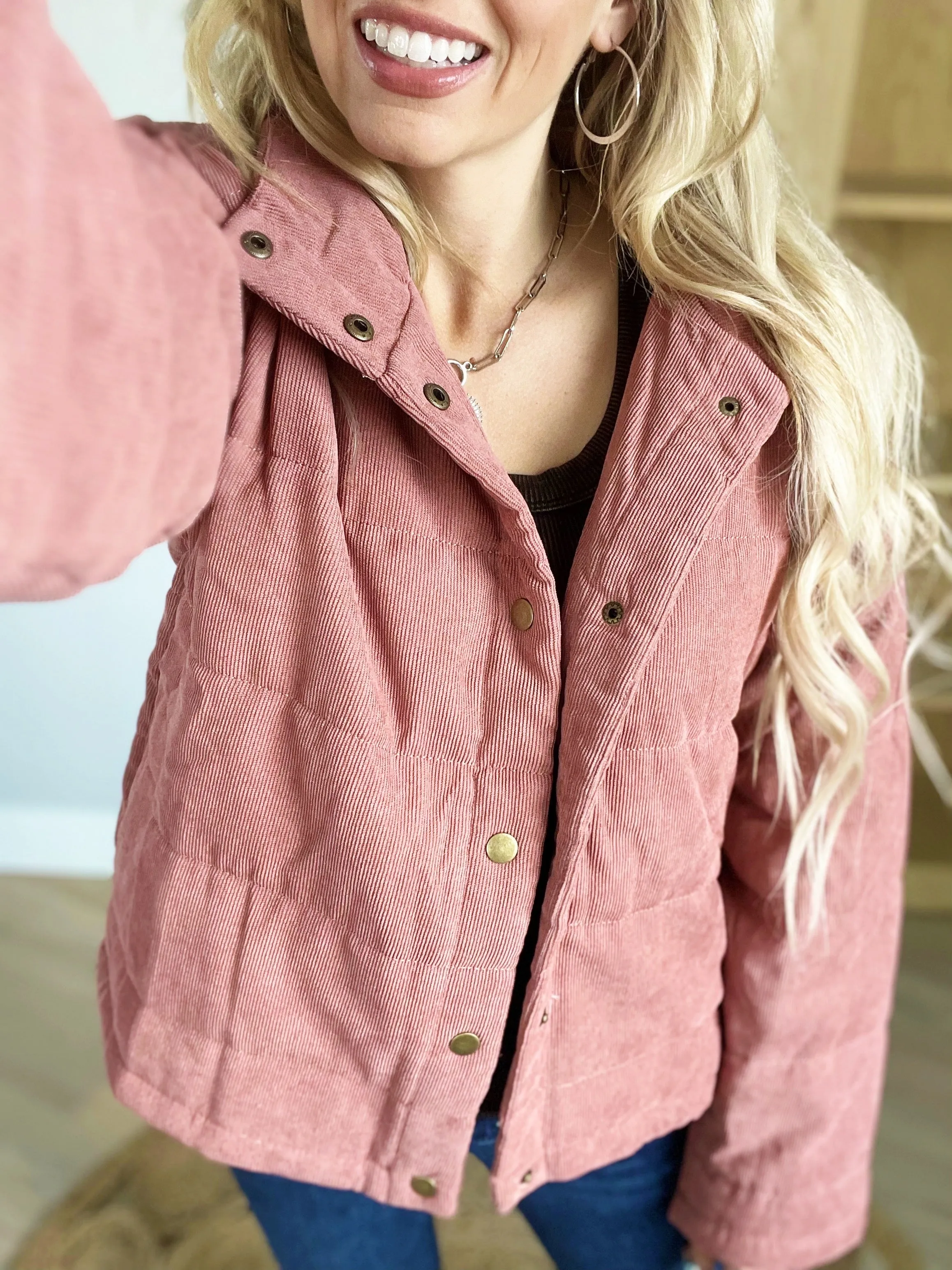New Sensation Corduroy Puff Jacket in Rose