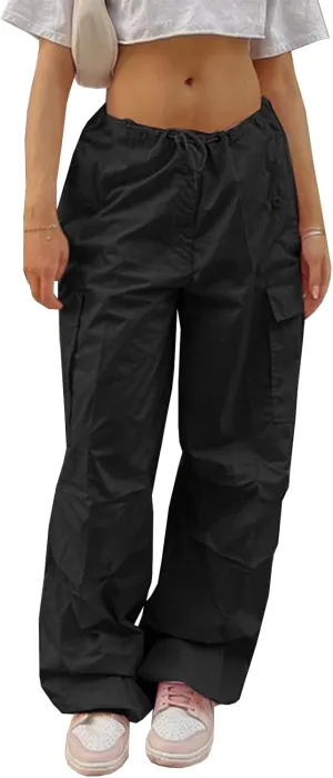 Neyaolk Parachute Pants for Women, Cargo Pants Women Baggy, Y2K Low Waist Wide Leg Baggy Relaxed Jogger Pants
