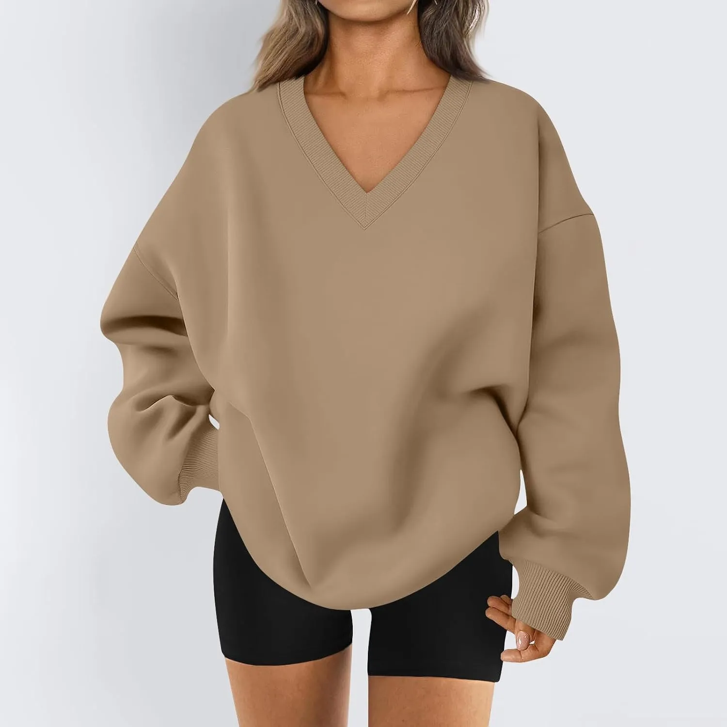 Oversized V Neck Sweatshirt Women Cozy Long Sleeve Fleece Hoodies Pullover Casual Sweat Shirts Cute Winter Outfits