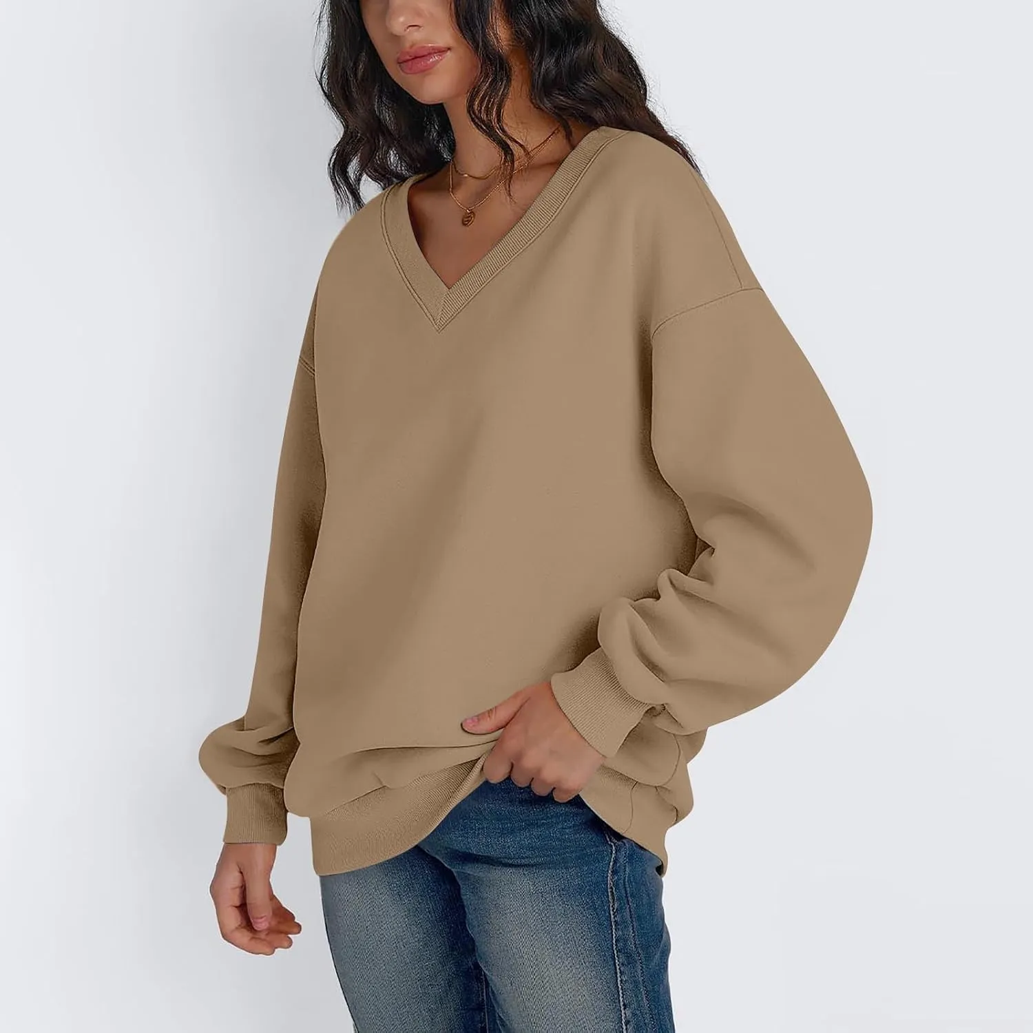 Oversized V Neck Sweatshirt Women Cozy Long Sleeve Fleece Hoodies Pullover Casual Sweat Shirts Cute Winter Outfits