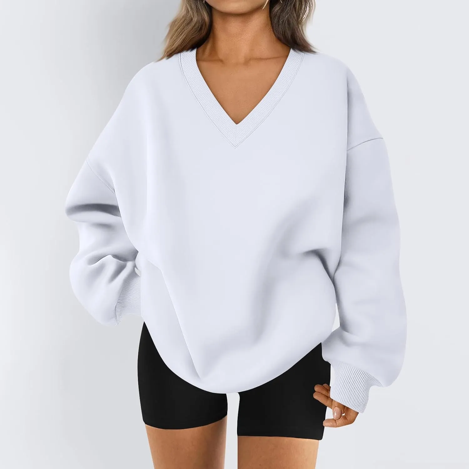 Oversized V Neck Sweatshirt Women Cozy Long Sleeve Fleece Hoodies Pullover Casual Sweat Shirts Cute Winter Outfits
