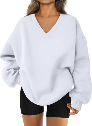 Oversized V Neck Sweatshirt Women Cozy Long Sleeve Fleece Hoodies Pullover Casual Sweat Shirts Cute Winter Outfits