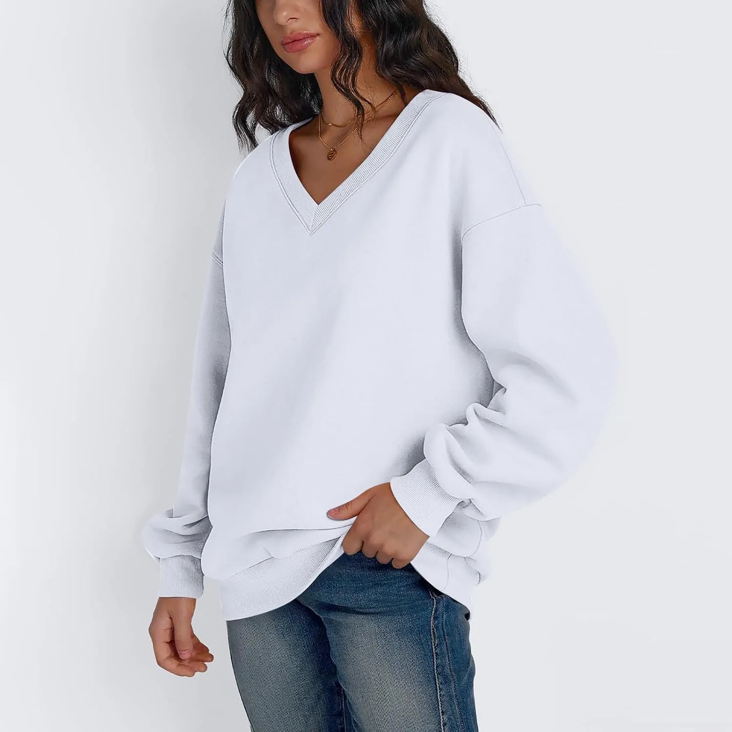 Oversized V Neck Sweatshirt Women Cozy Long Sleeve Fleece Hoodies Pullover Casual Sweat Shirts Cute Winter Outfits