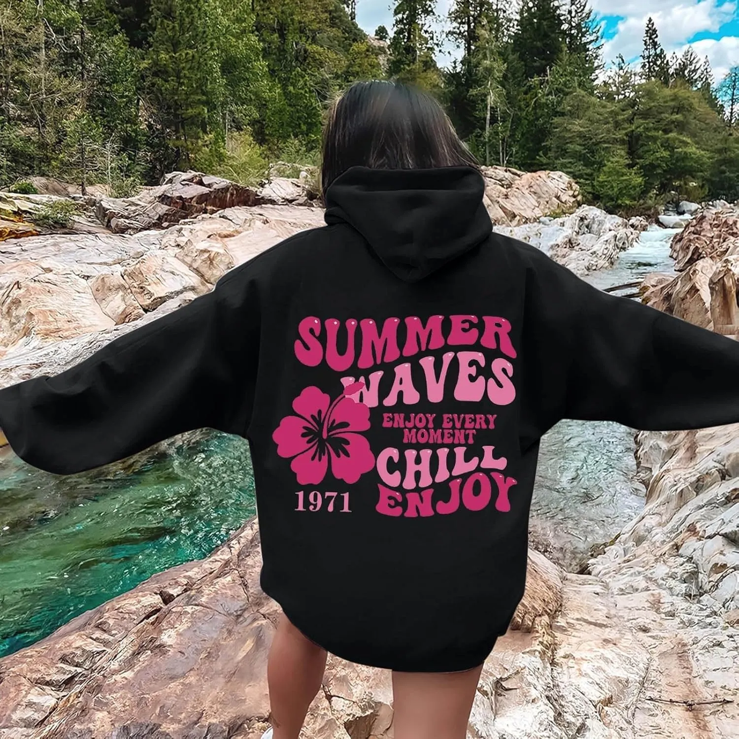 Pink Palm Puff Hoodie Real Women Oversized Sweatshirts Pullover Hoodies Fleece Sweaters Long Sleeve With Pockets
