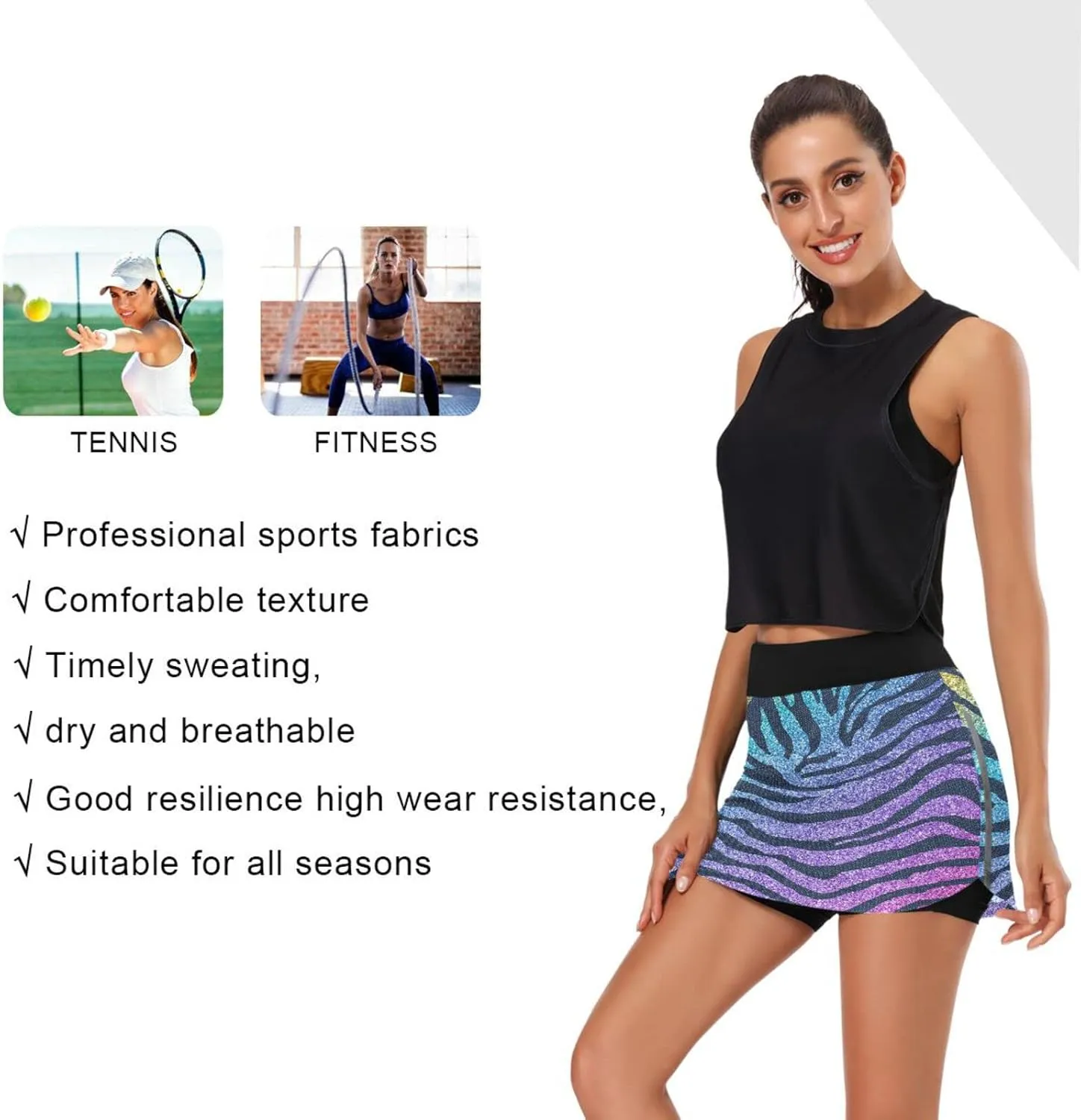 Plaaee Women's Tennis Skirts Modern Fabric Zebra Denim and Glitter High Waisted Athletic Golf Skorts Skirts S