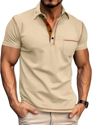 Polo Shirts Men Cotton Blend Short Sleeve Button Slim Fit Color Block Collared Patchwork Summer Tshirts with Pocket
