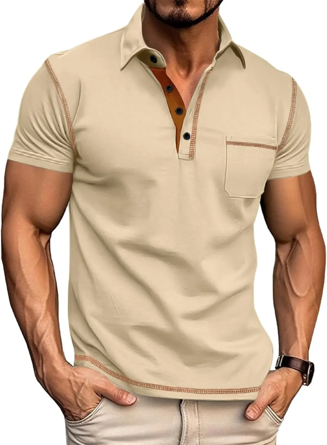 Polo Shirts Men Cotton Blend Short Sleeve Button Slim Fit Color Block Collared Patchwork Summer Tshirts with Pocket