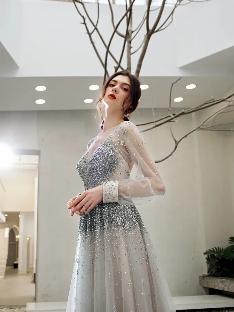 Promfast A Line V Neck Long Sleeves Tulle Sequins Grey Prom Dresses PFP1816