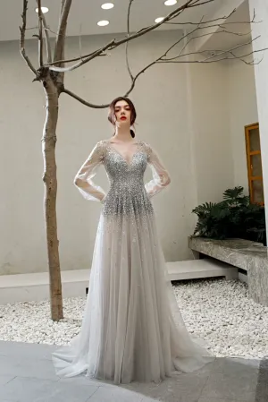 Promfast A Line V Neck Long Sleeves Tulle Sequins Grey Prom Dresses PFP1816