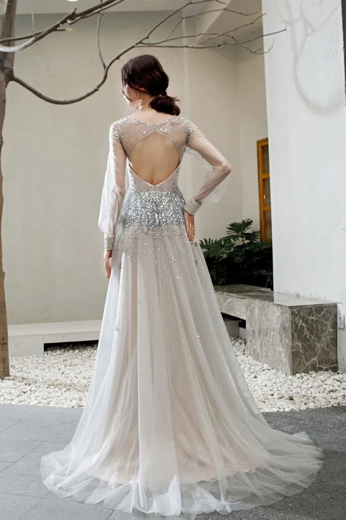 Promfast A Line V Neck Long Sleeves Tulle Sequins Grey Prom Dresses PFP1816