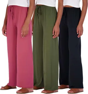 Real Essentials 3 Pack Soft Palazzo Pajama Pants for Women, Wide Leg Comfortable Casual Lounge Yoga Bottoms (Plus Size)
