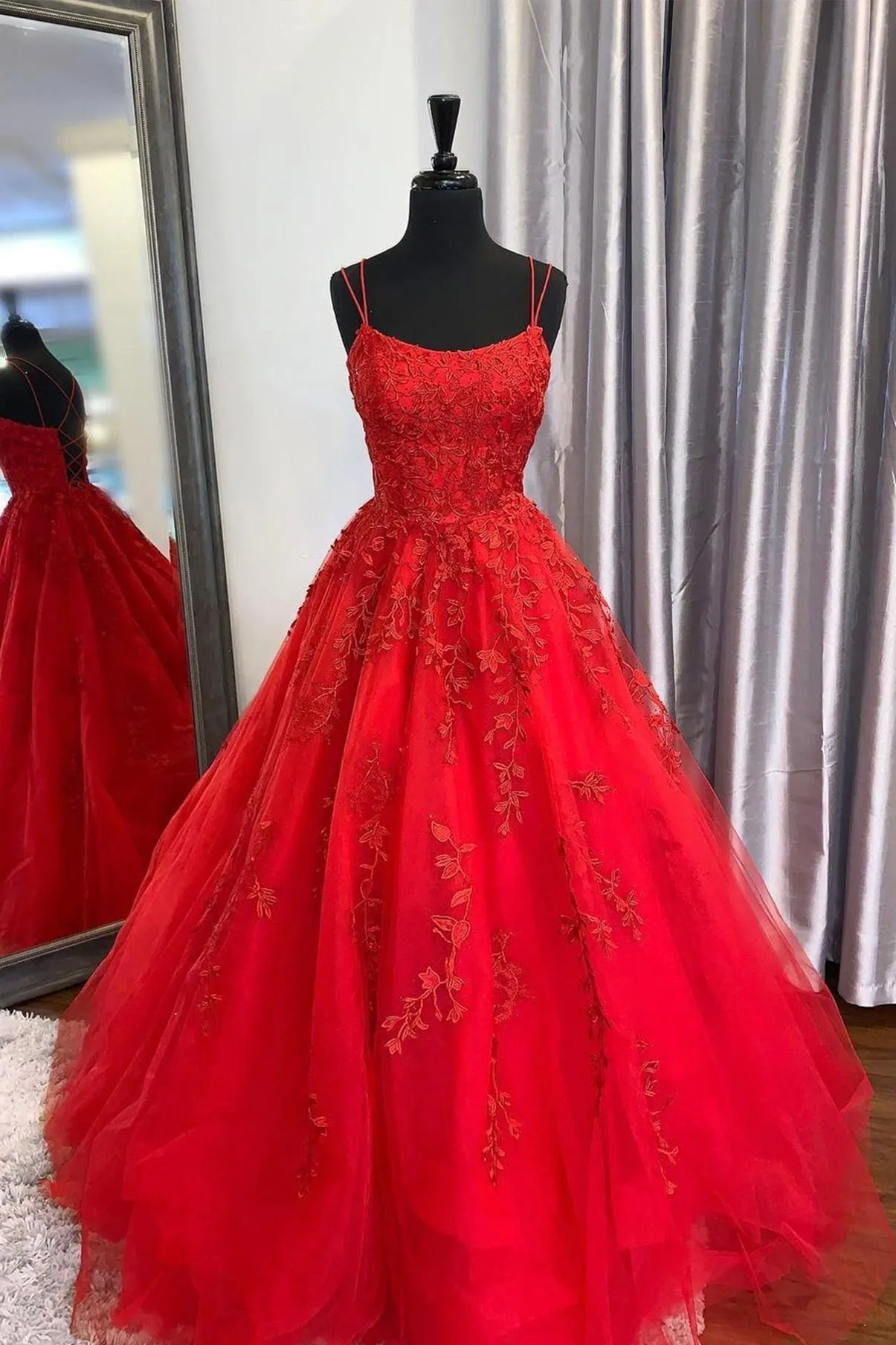 Red Lace Long Backless Prom Dresses Red Formal Graduation Dresses