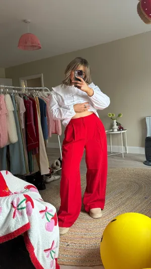 Red Wide Leg Tailored Trousers