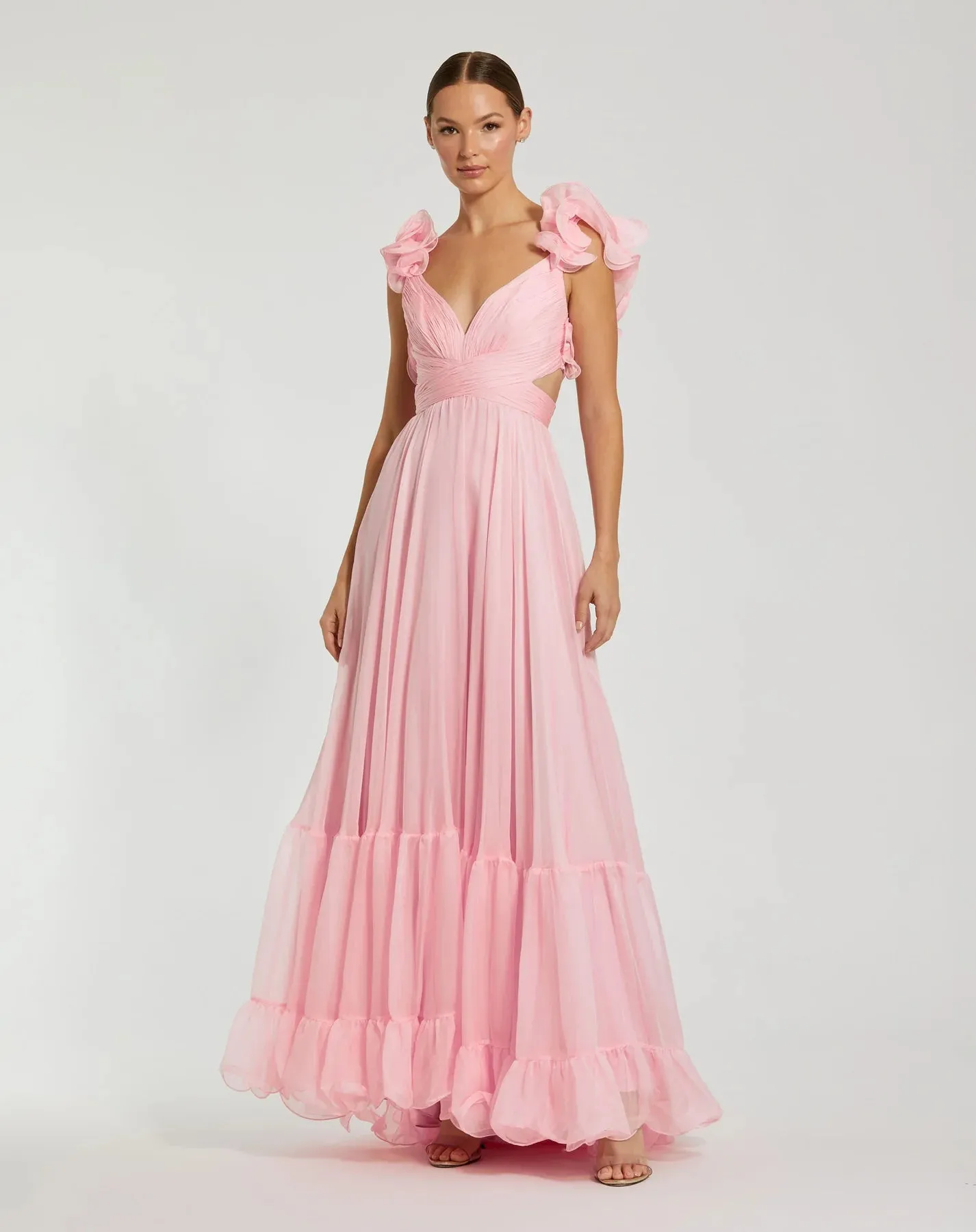 Ruffle tiered floral cut-out chiffon gown - Blush