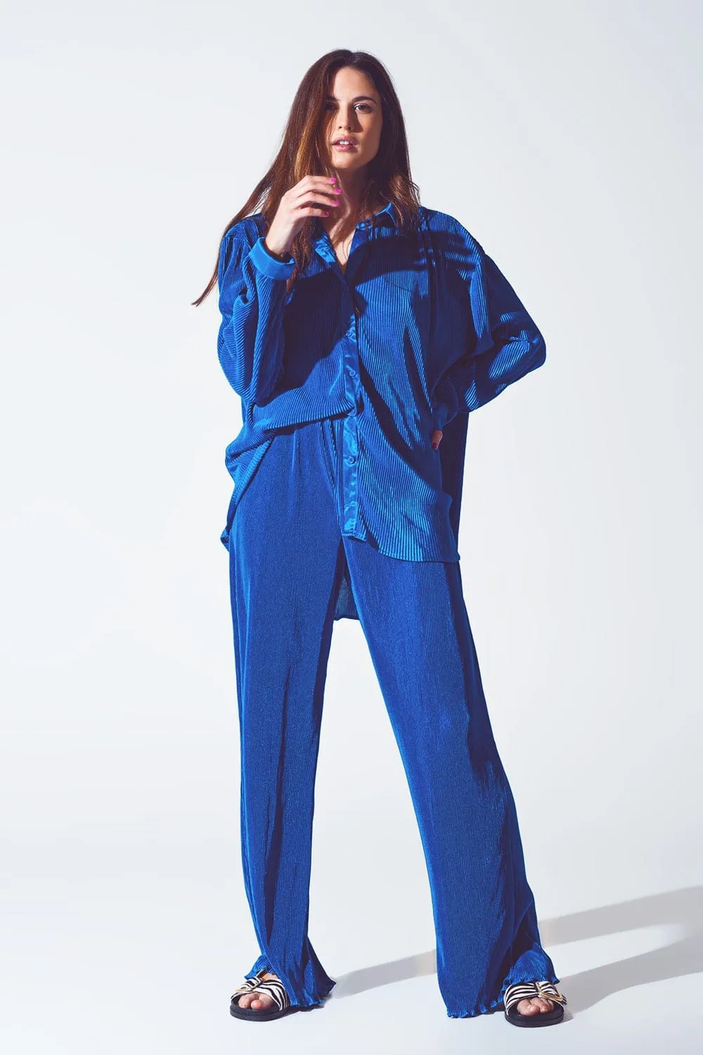 Satin Pleated Wide Leg Pants In Blue