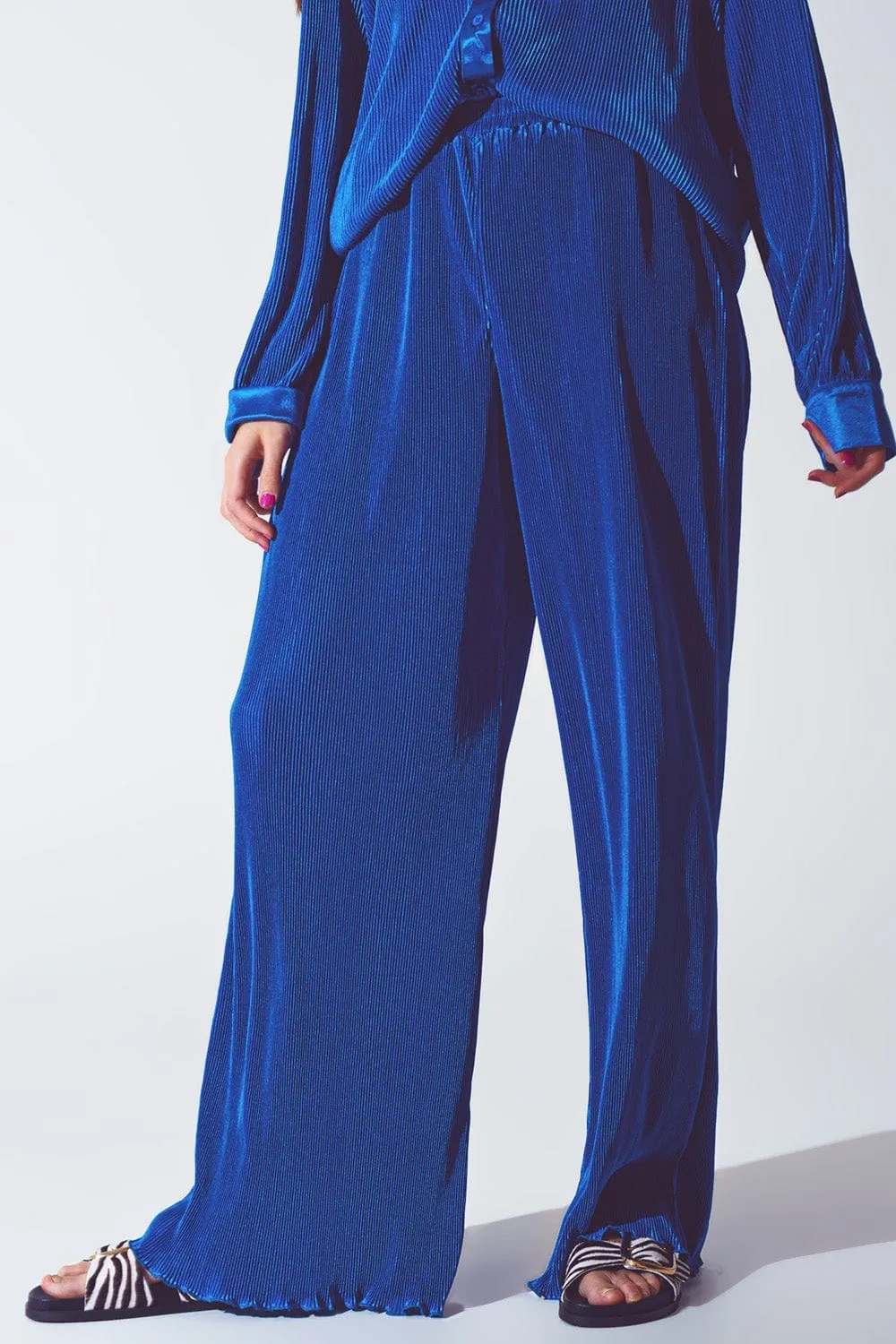 Satin Pleated Wide Leg Pants In Blue