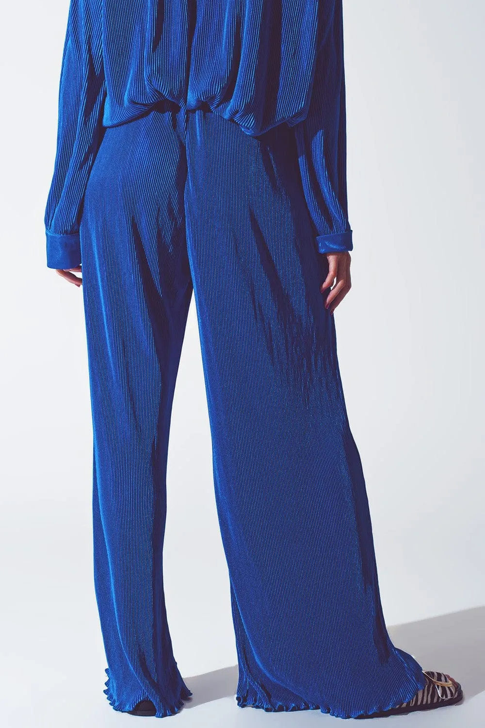 Satin Pleated Wide Leg Pants In Blue