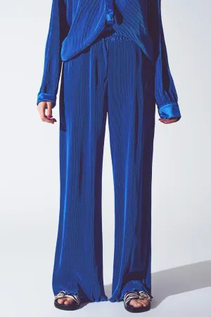 Satin Pleated Wide Leg Pants In Blue