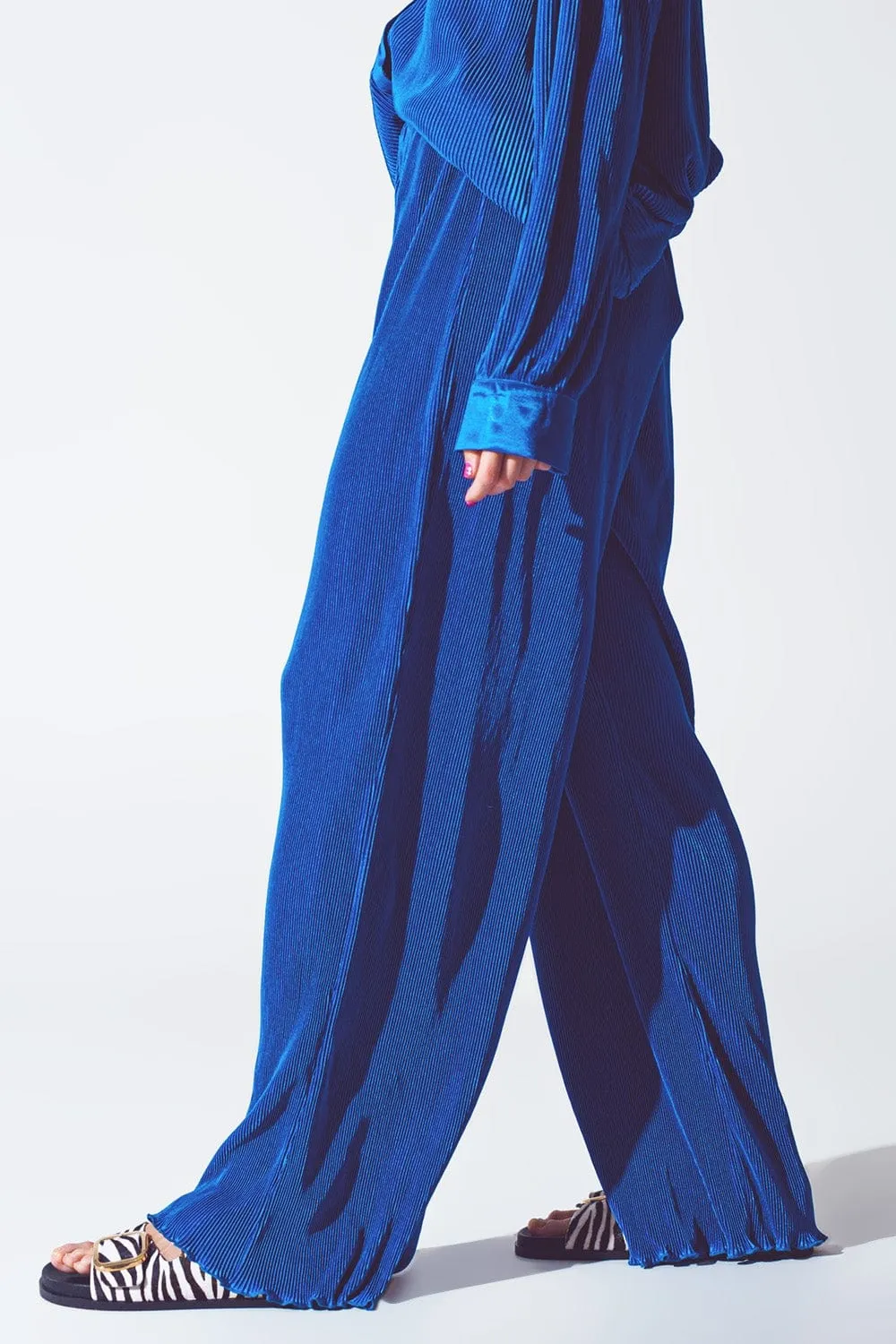 Satin Pleated Wide Leg Pants In Blue
