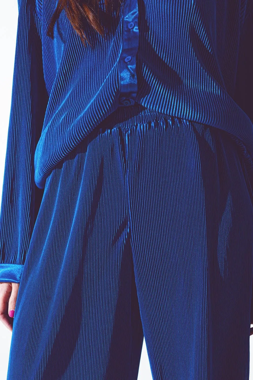 Satin Pleated Wide Leg Pants In Blue