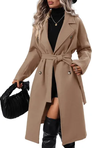 SAUKOLE Pea Coats for Women Double Breasted Wool Notch Lapel Winter Warm Belted Length Trench Coat Khaki