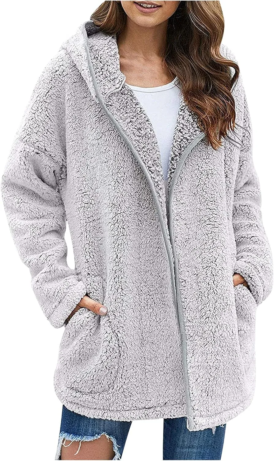 Sherpa Jacket Women Oversized Full Zip Fleece Hoodie Soft Plush Open Front Cardigan Coats Winter Sweater with Pockets