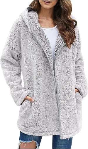 Sherpa Jacket Women Oversized Full Zip Fleece Hoodie Soft Plush Open Front Cardigan Coats Winter Sweater with Pockets