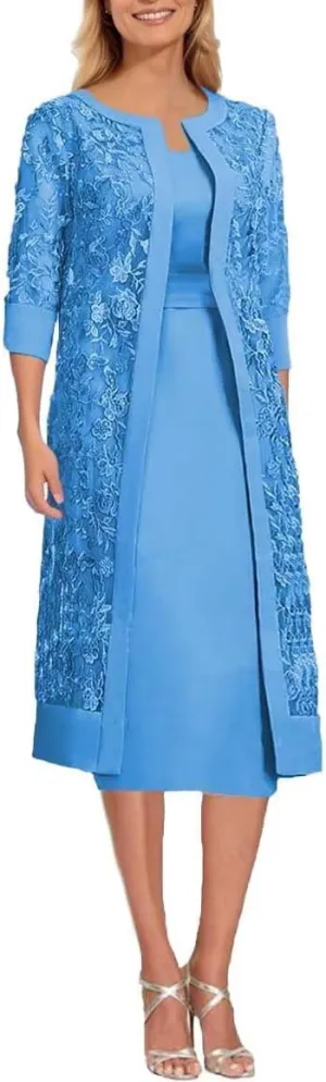 Short Sleeve Mother of The Bride Dresses with Jackets Laces Chiffon 2 Piece Formal Party Gowns Tea Length