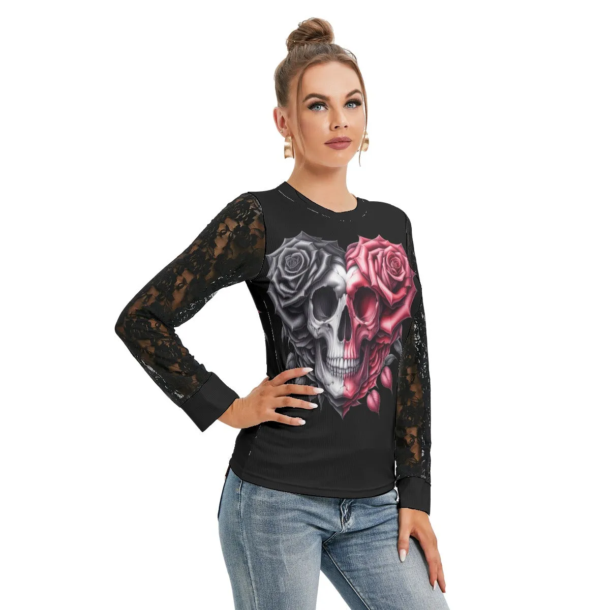 Skull And Rose Heart T-shirt And Sleeve With Black Lace