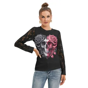 Skull And Rose Heart T-shirt And Sleeve With Black Lace