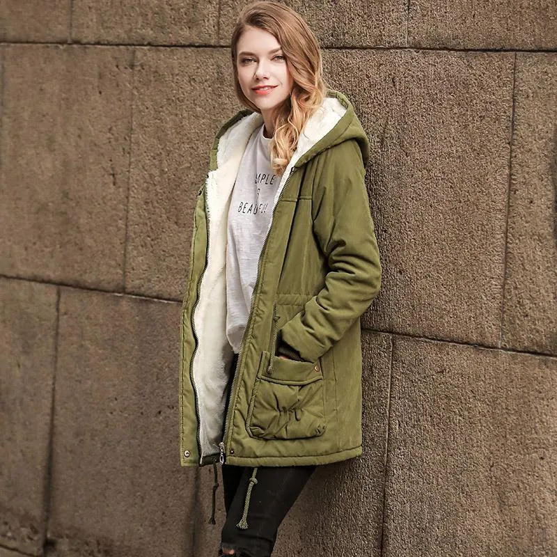 Solid Color Pockets Drawstring Women Warm Hooded Winter Oversized Coat