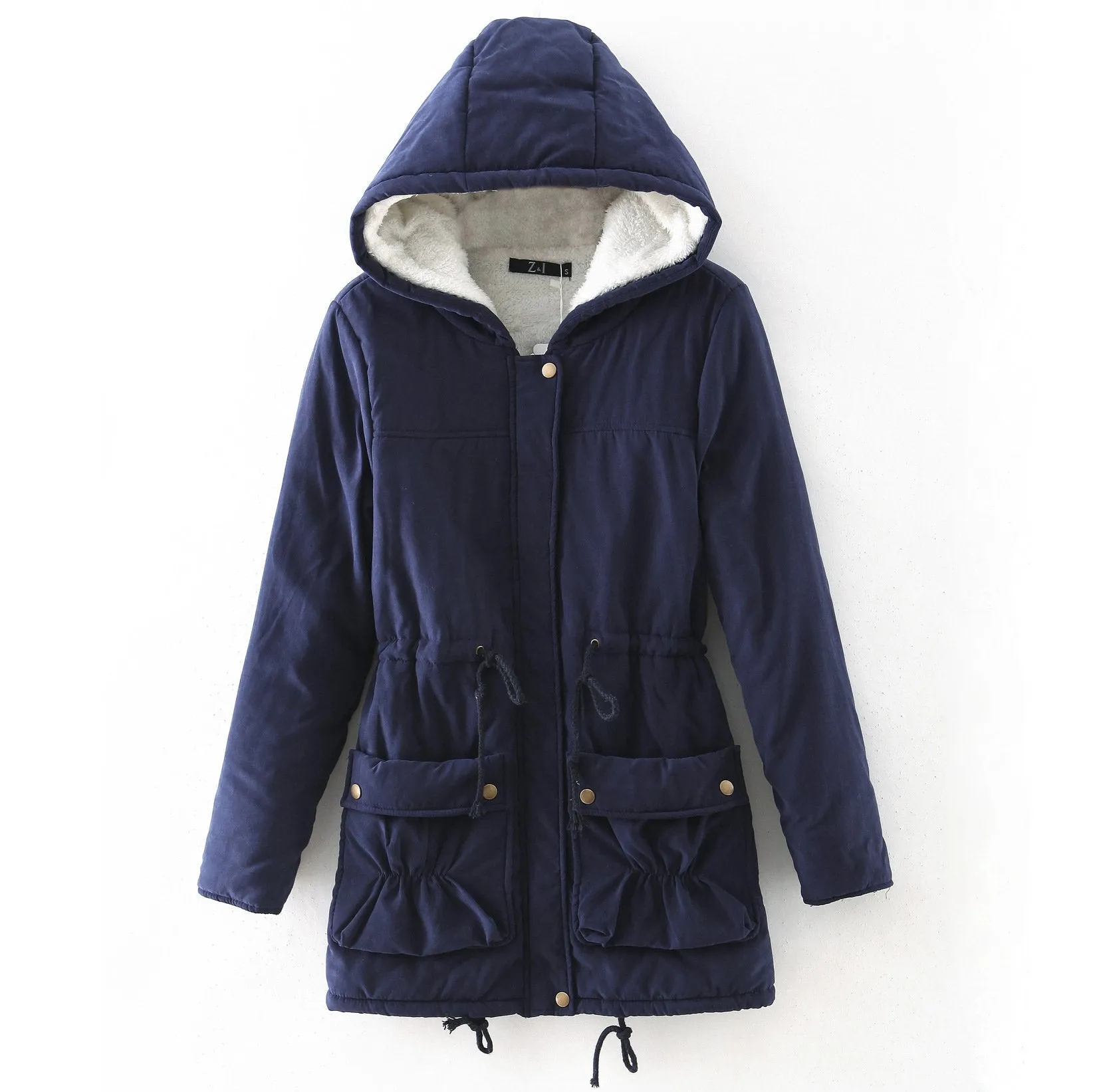Solid Color Pockets Drawstring Women Warm Hooded Winter Oversized Coat